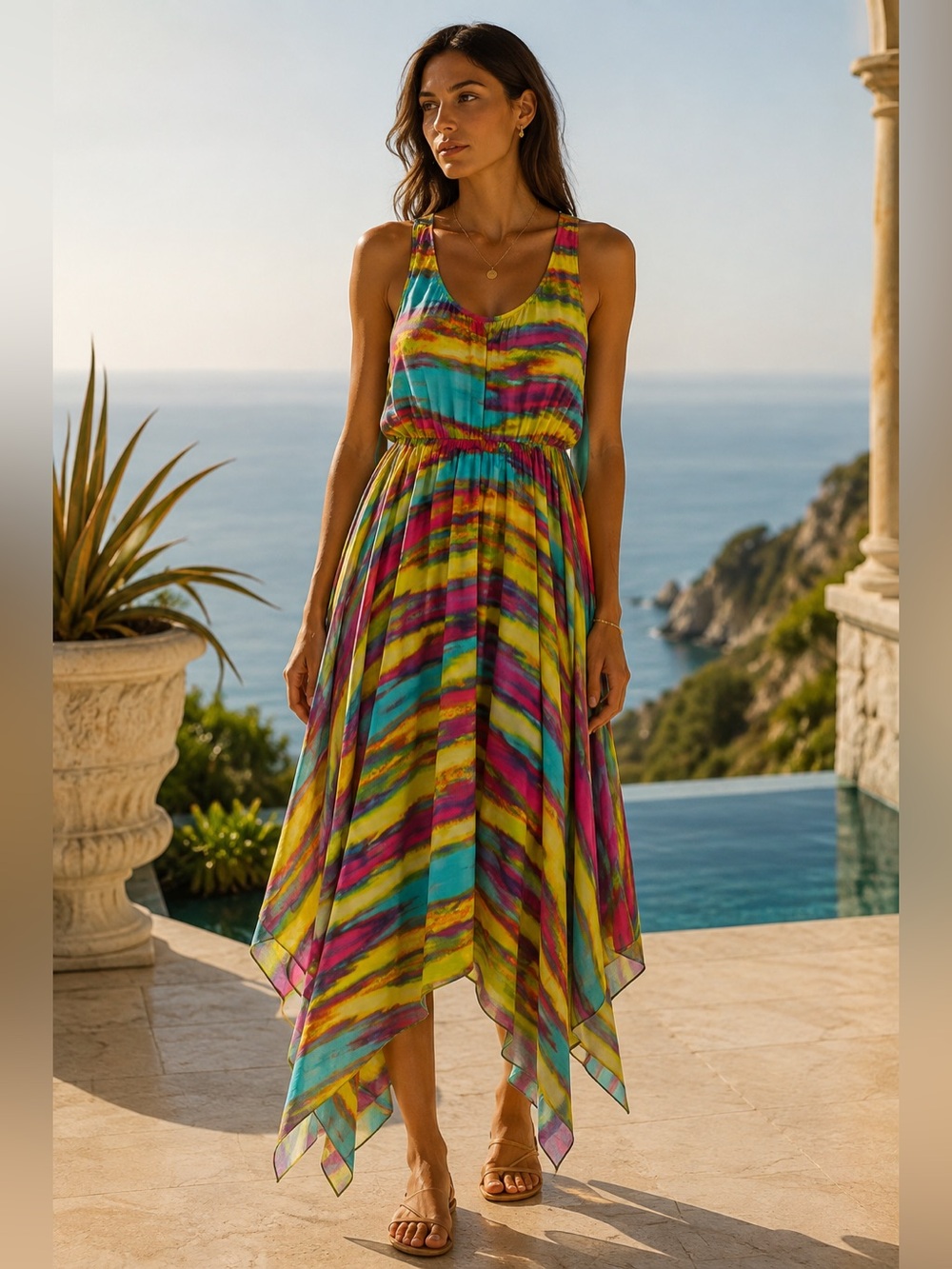 Catch My I Dress Small Multicolor Abstract Handkerchief Hem Maxi Y2K Boho USA